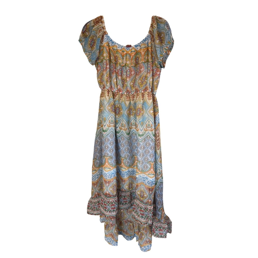 RAGA‎ Boho Paisley High-Low Midi Dress Medium Blue Orange R4501 Summer Festival